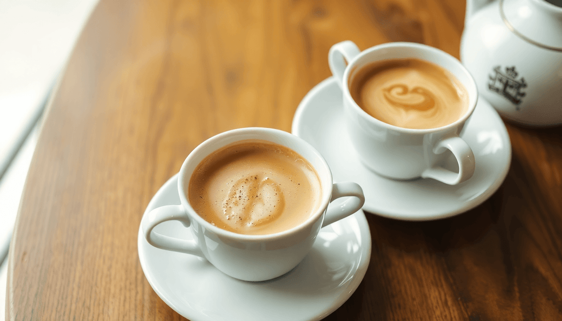 Cups of tea and coffee on a wooden table