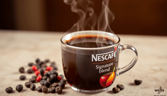 A steaming cup of Nescafe Signature Blend coffee