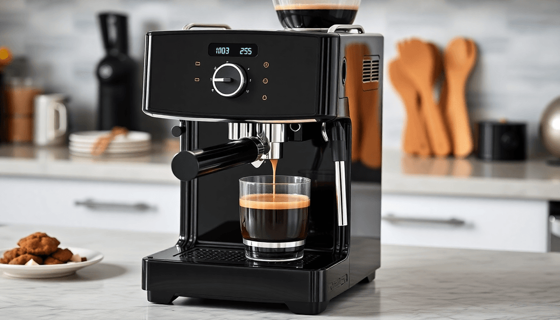 A sleek Wonderchef Regenta espresso coffee machine brewing coffee