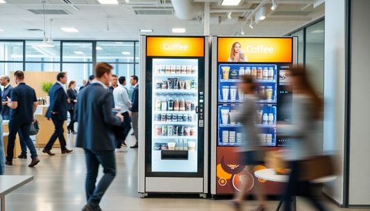 Modern office with busy employees near coffee vending machines highlighting office coffee machine rental Gurgaon service