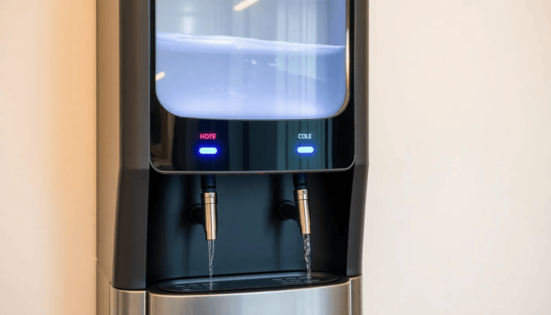 A modern water dispenser with hot and cold faucets