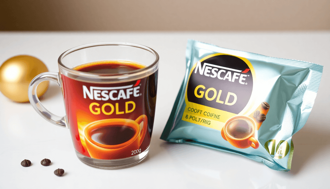 A cup of Nescafe Gold coffee with a 200g package