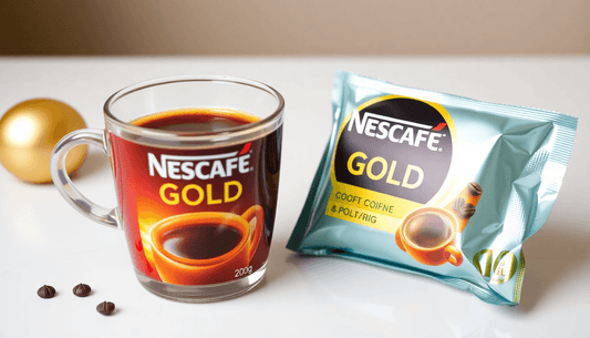 A cup of Nescafe Gold coffee with a 200g package