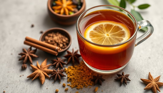 A steaming cup of masala lemon tea with spices