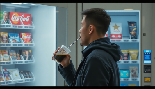 A person drinking coffee from a vending machine