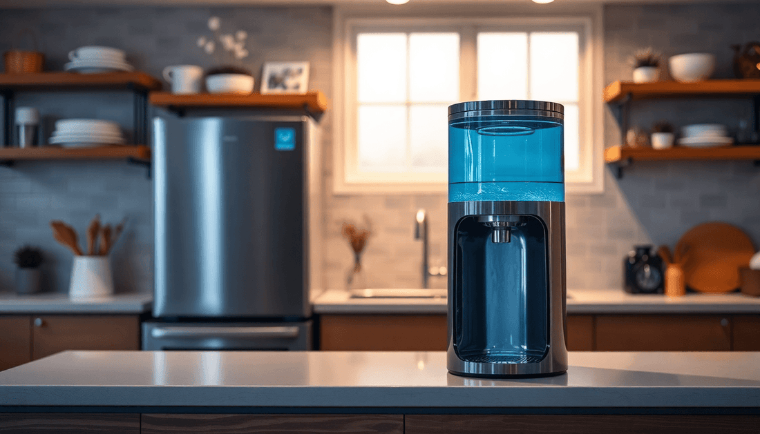 A modern water dispenser machine in a cozy home kitchen