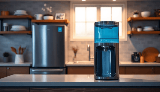 A modern water dispenser machine in a cozy home kitchen