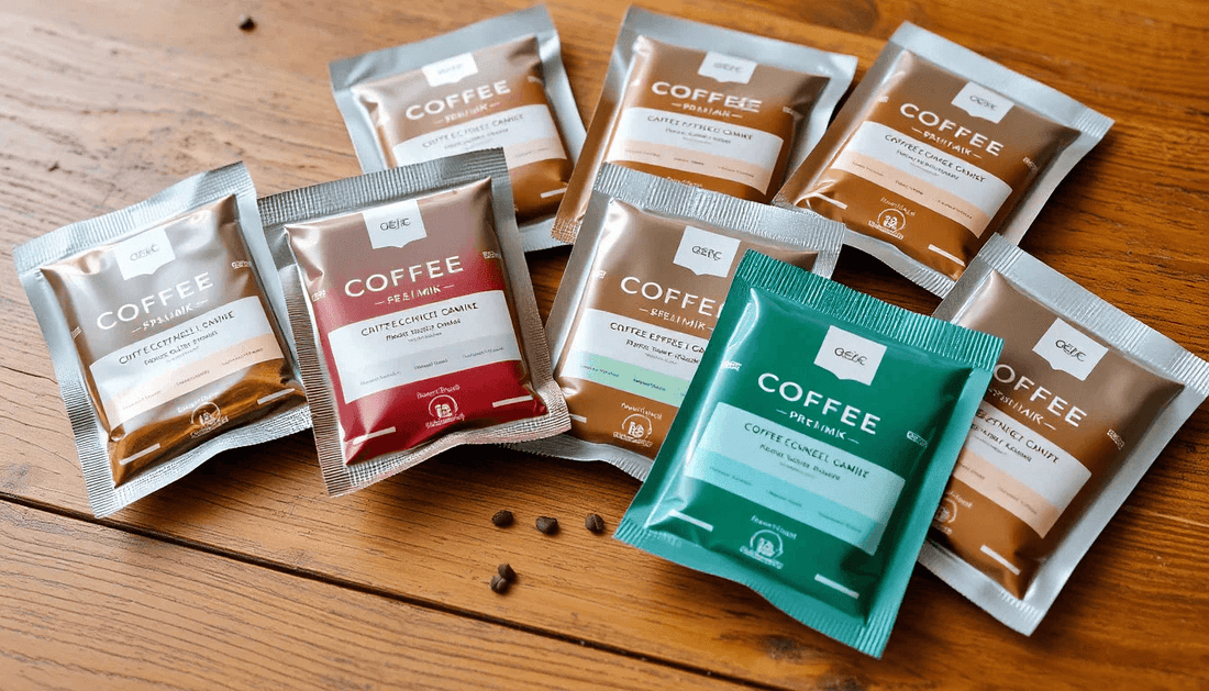 Coffee premix sachets arranged on a wooden table