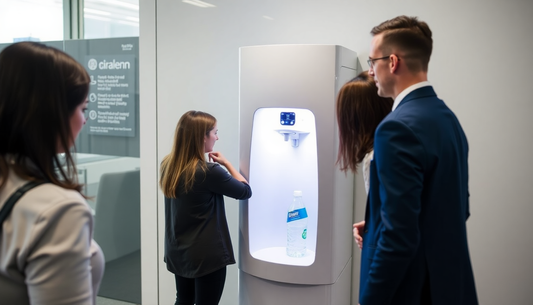 Office workers gathered around a water dispenser with a bottle labelled AMAZON Plus 3in1 Cardamom Tea