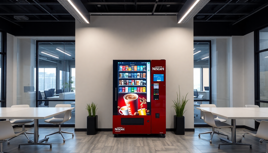 Modern office lounge featuring a Nescafe coffee machine rental for offices surrounded by tables and chairs