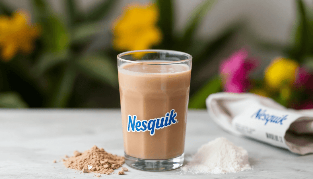 A glass of chocolate milk with Nesquik powder beside it