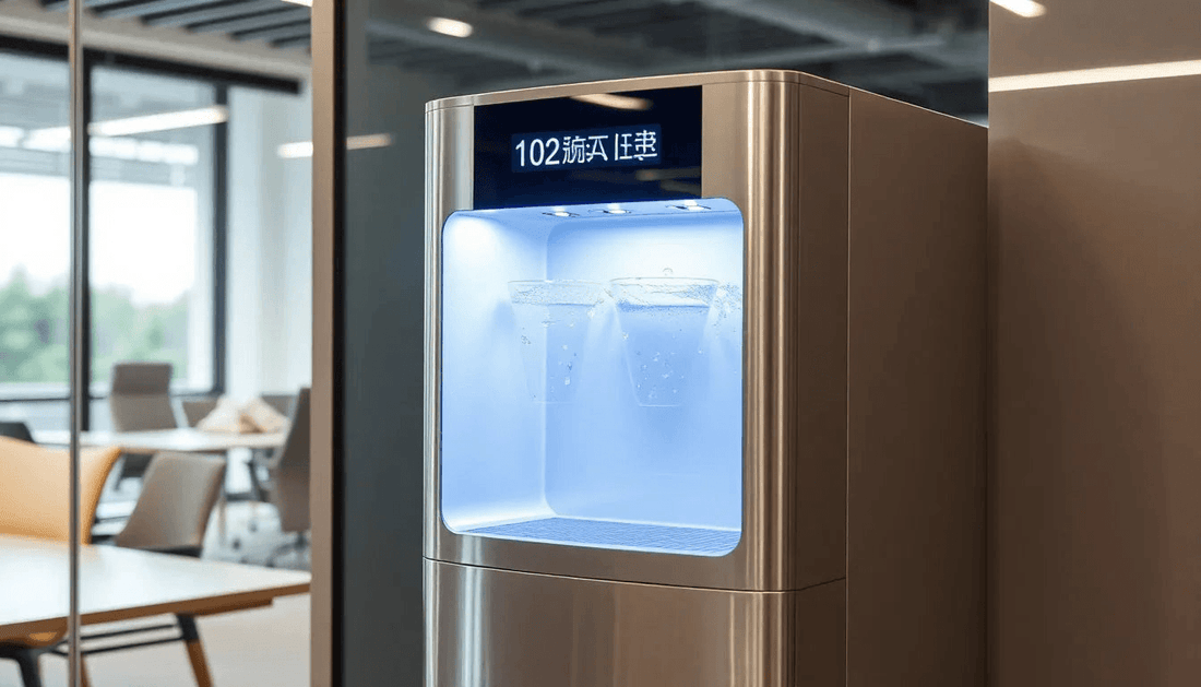 A modern hot and cold water dispenser in an office