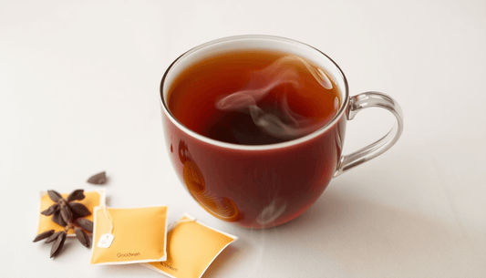 A cup of steaming Assam tea with Goodwyn tea bags