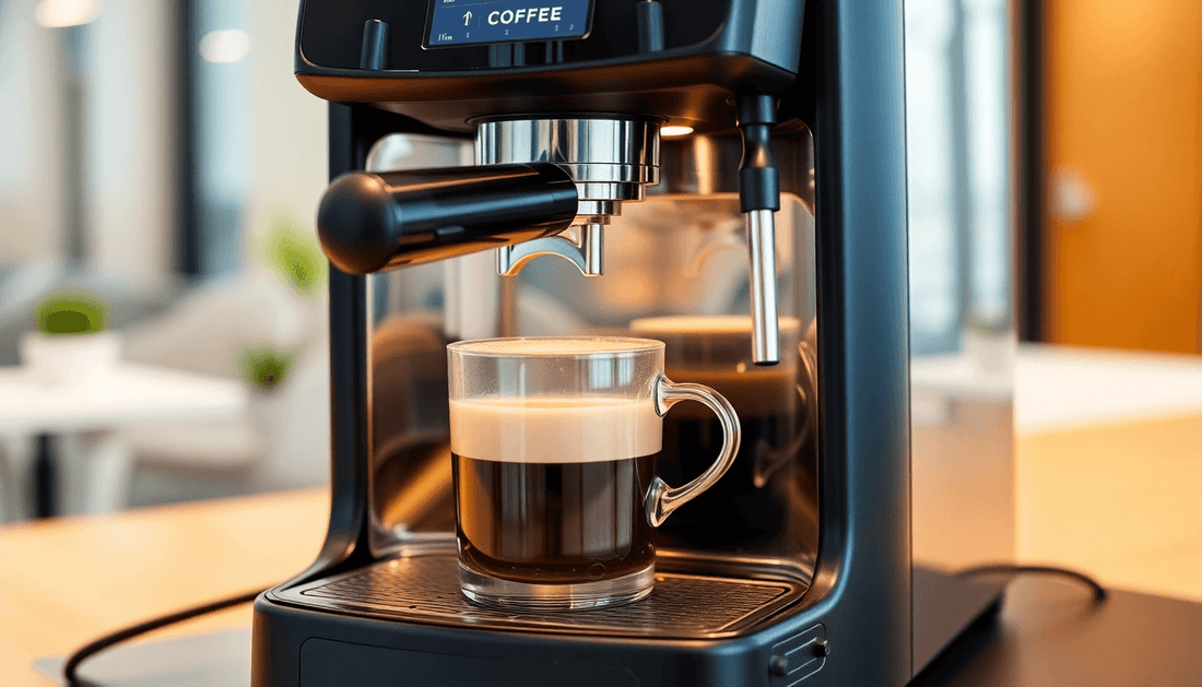 A sleek coffee machine brewing fresh coffee in an office