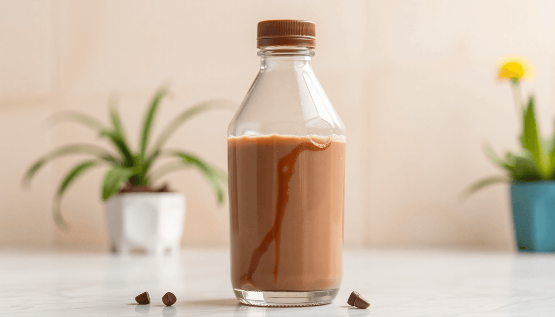 A glass of chocolate milk with Nestle Nesquik syrup bottle