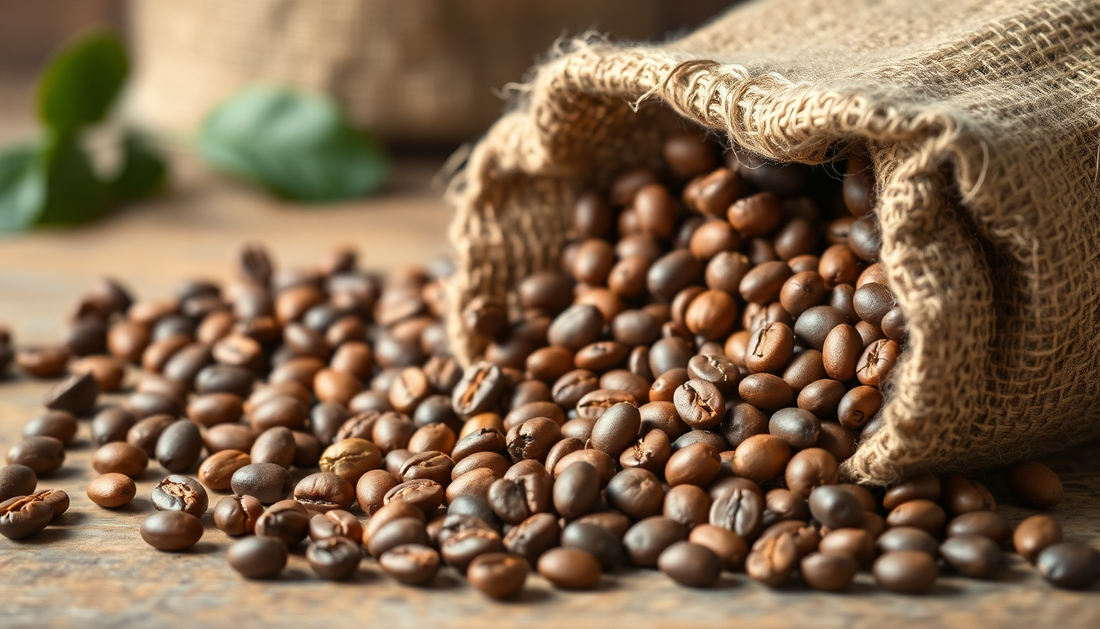Fresh roasted coffee beans spilling from a burlap sack