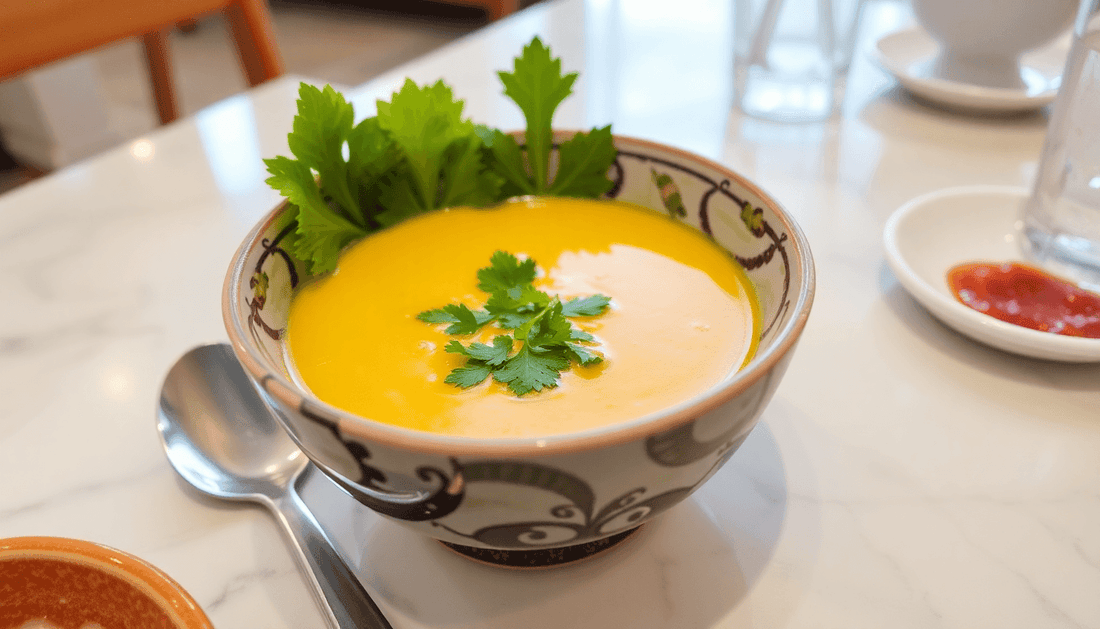 A bowl of sweet corn soup on a restaurant table