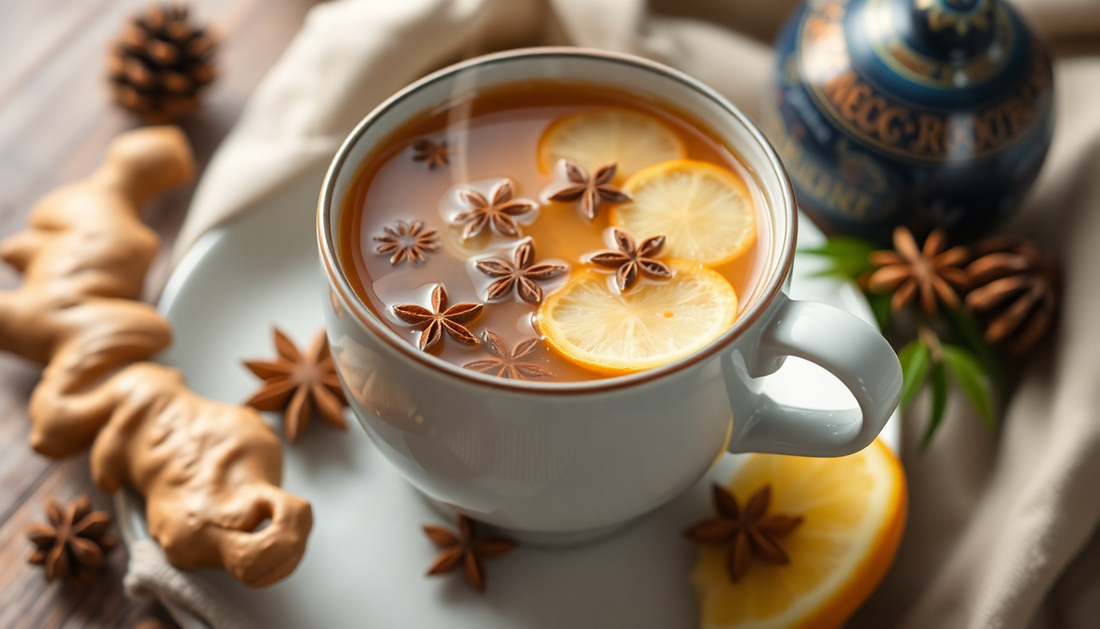 A steaming cup of ginger tea with spices