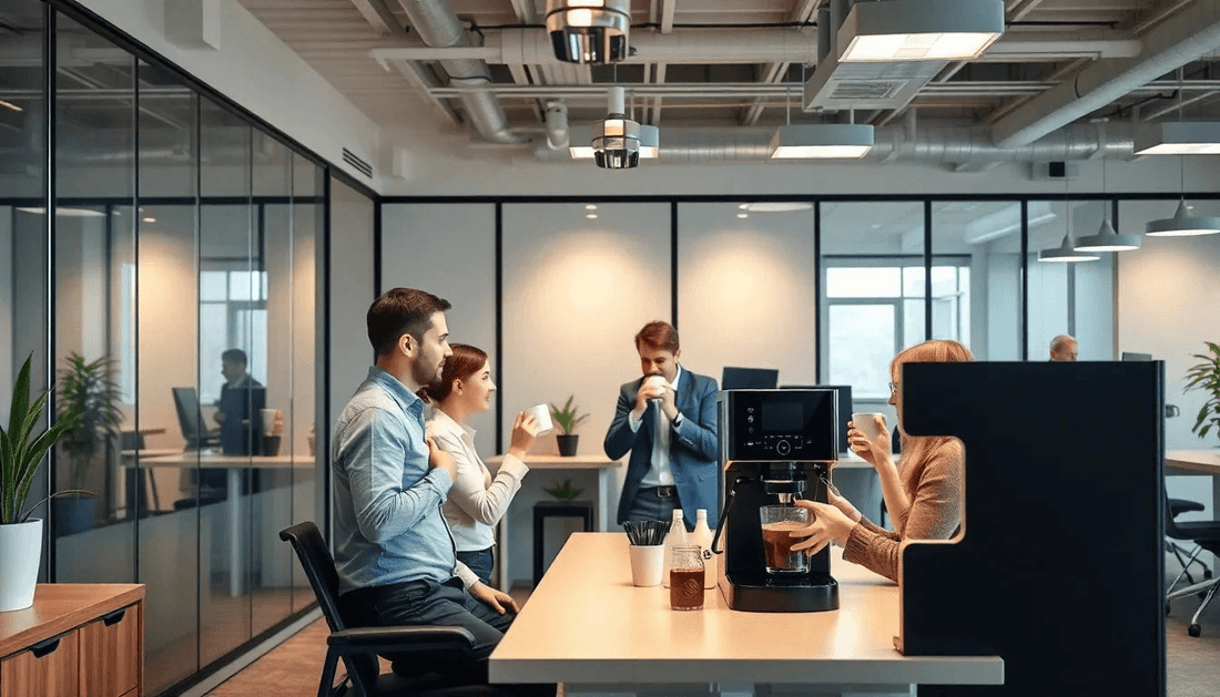 Modern office with a coffee machine and employees enjoying coffee