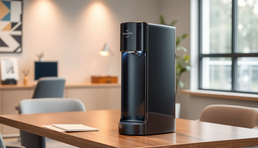 Atlantis Prime table top dispenser Greater Noida placed on a wooden office table with modern decor background