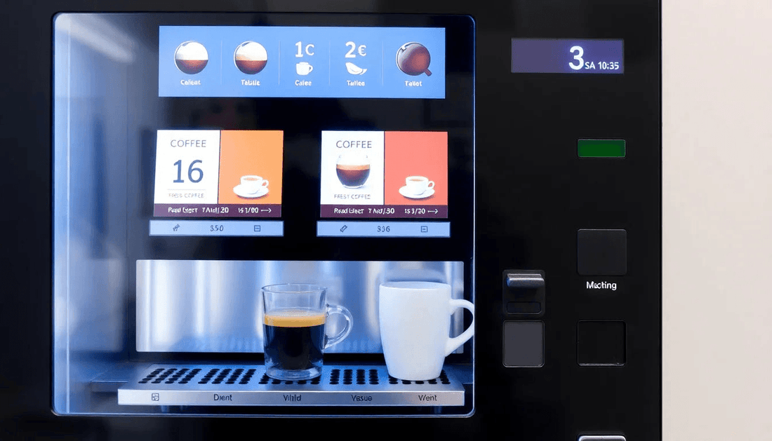 A modern coffee vending machine dispensing fresh coffee