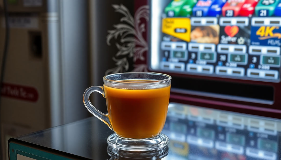 A steaming cup of masala tea beside a vending machine