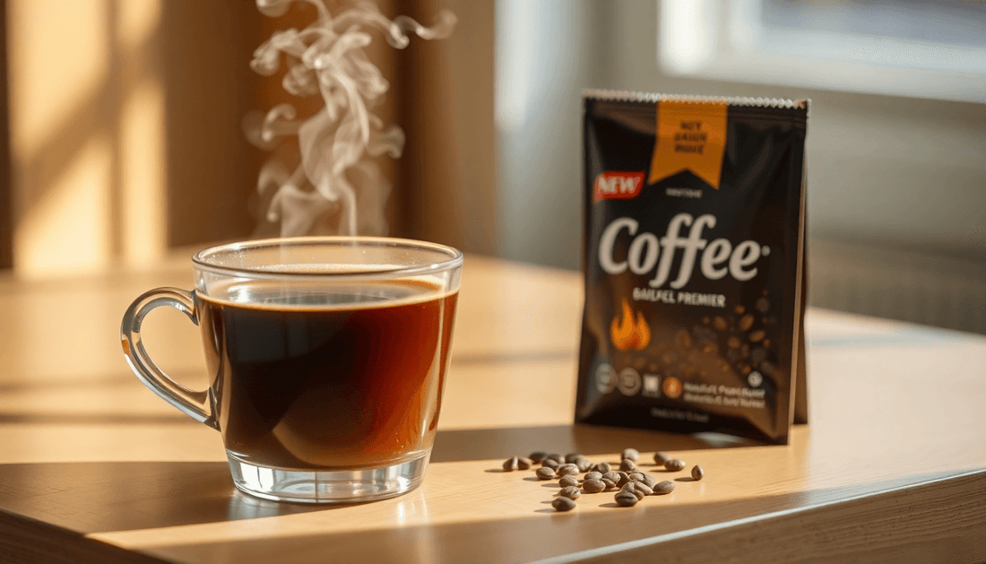 A steaming cup of coffee beside a coffee premix packet