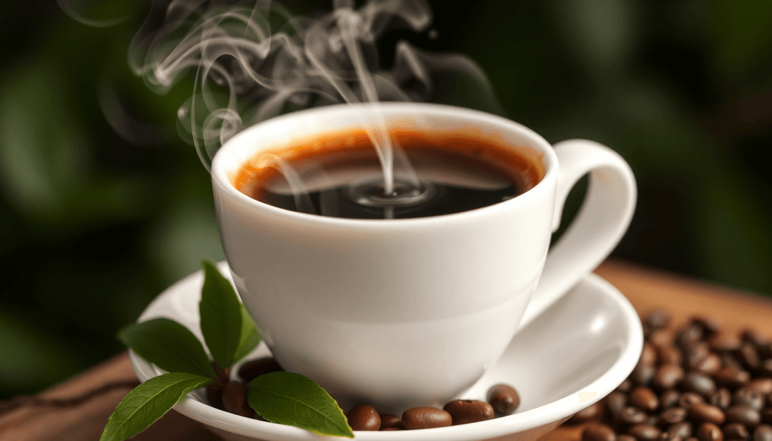A cup of steaming ORGANO Gourmet Black Coffee