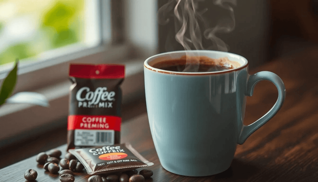 A steaming cup of coffee with coffee premix packets