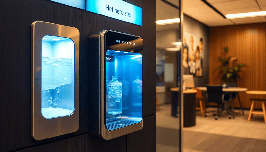 Modern hot and cold water dispenser in office setting