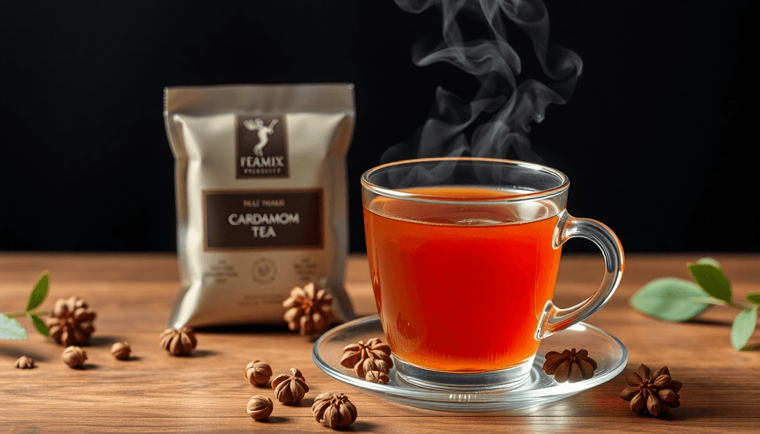 A steaming cup of cardamom tea with tea premix packet