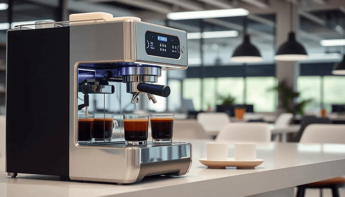 Modern coffee machine brewing coffee in an office