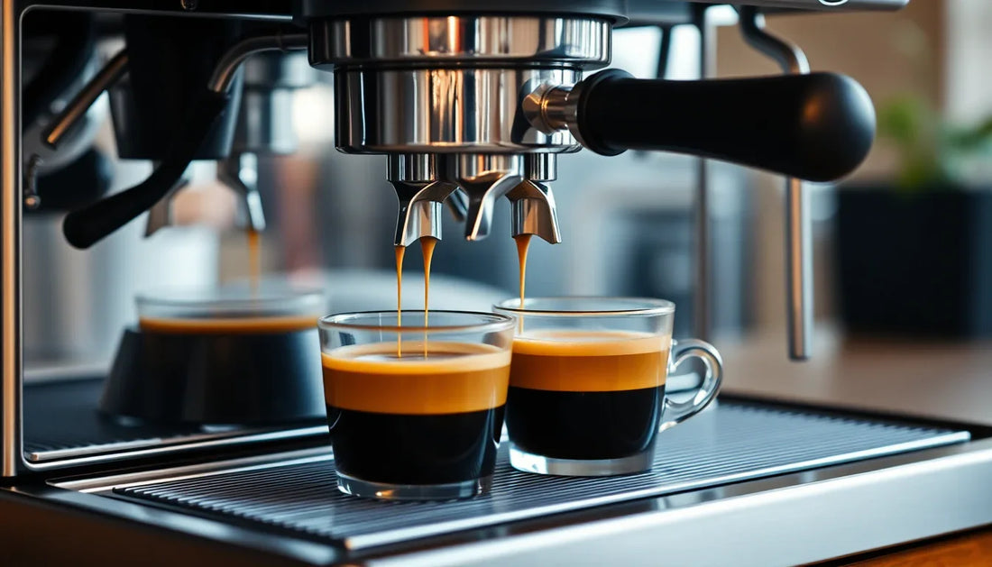 Close-up of espresso machine brewing two cups of fresh coffee showcasing Coffee Premix 1kg quality
