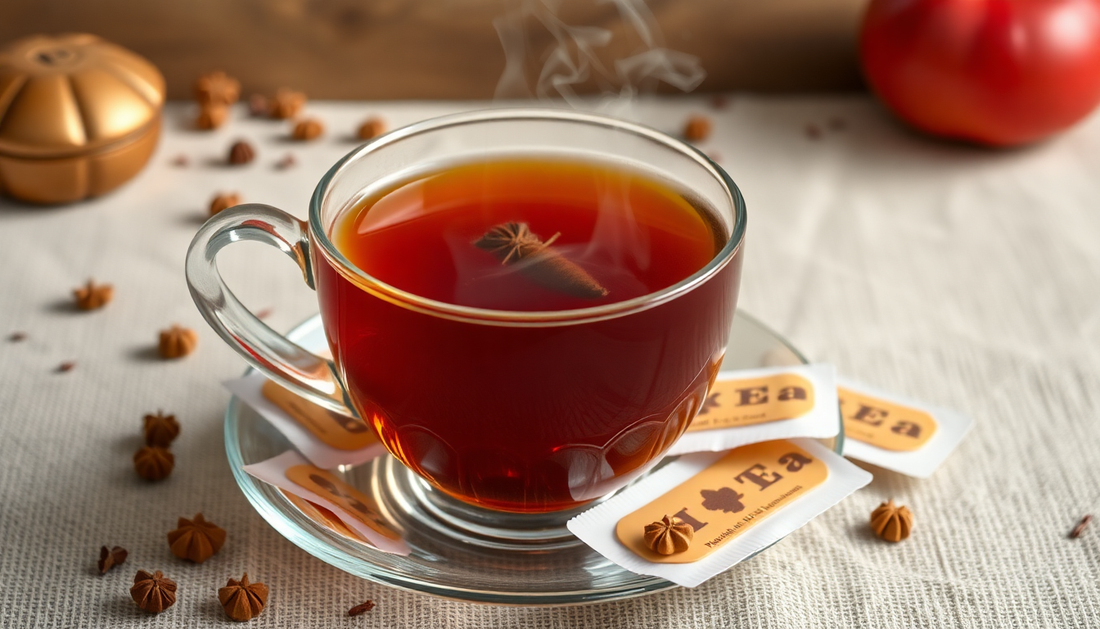 A cup of steaming cardamom tea with tea premix packets