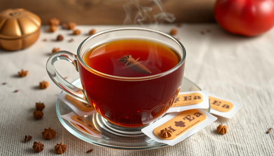 A cup of steaming cardamom tea with tea premix packets