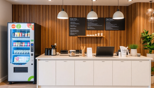 Customer service desk with coffee and tea vending machines