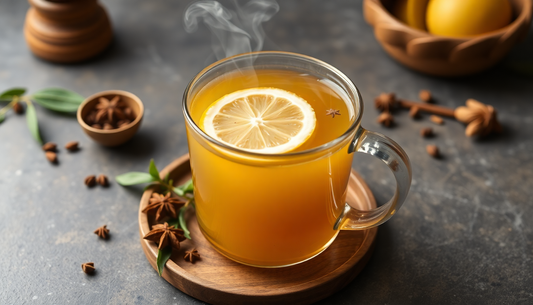 A cup of steaming lemon masala tea with spices