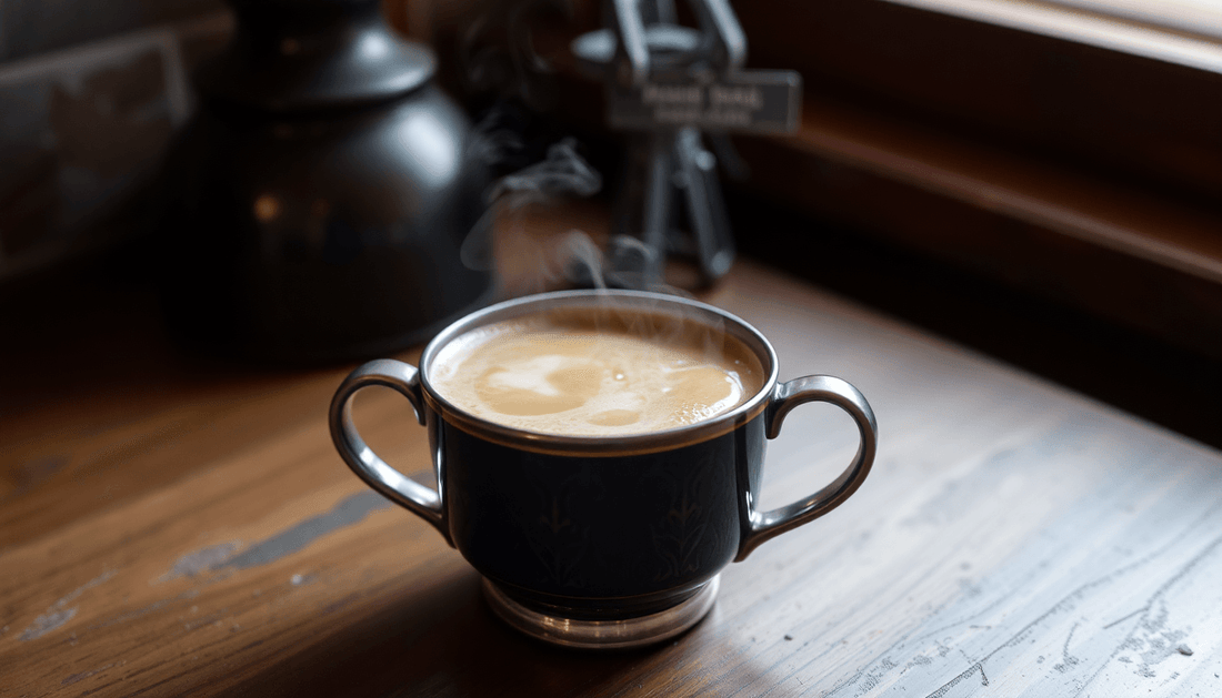 A steaming cup of Mumbai Masala Chai on a wooden table