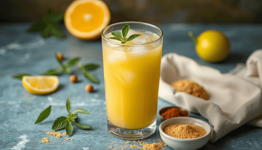 A glass of refreshing masala nimbu pani with powder pack
