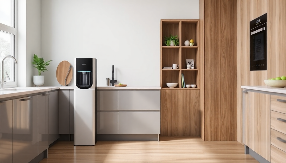 Modern kitchen featuring Atlantis Prime Floor Standing stating 3000 only water dispenser next to wooden cabinets