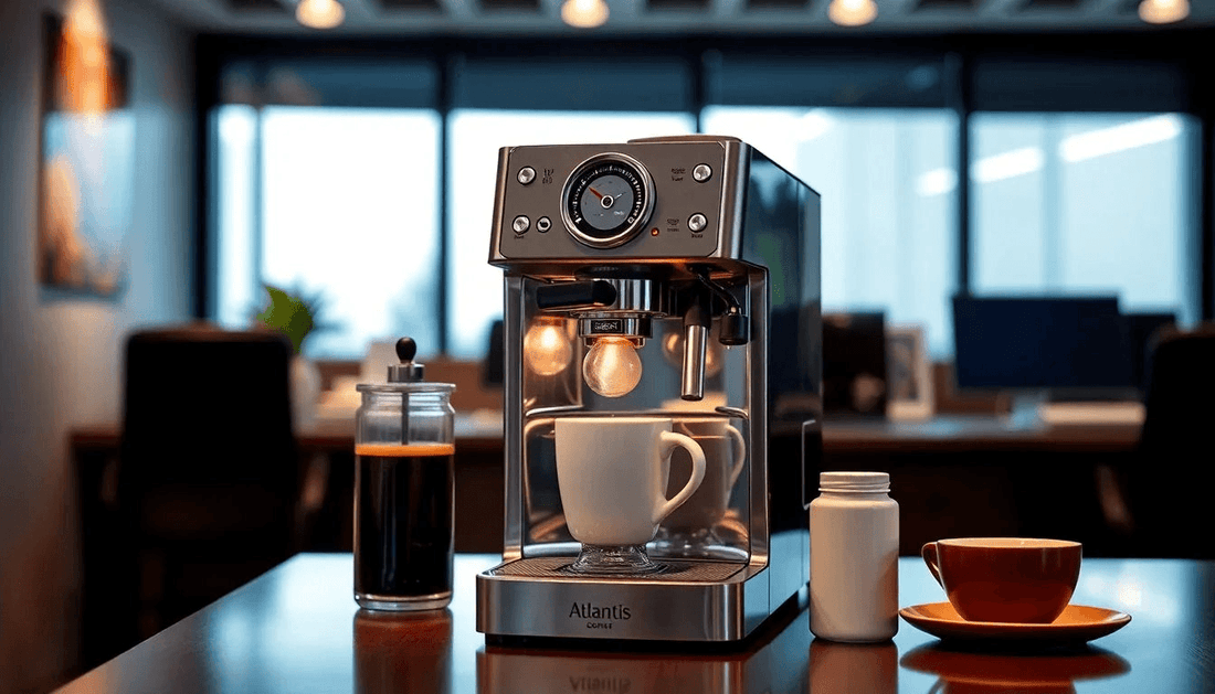 A sleek Atlantis coffee machine brewing coffee in West Bengal office
