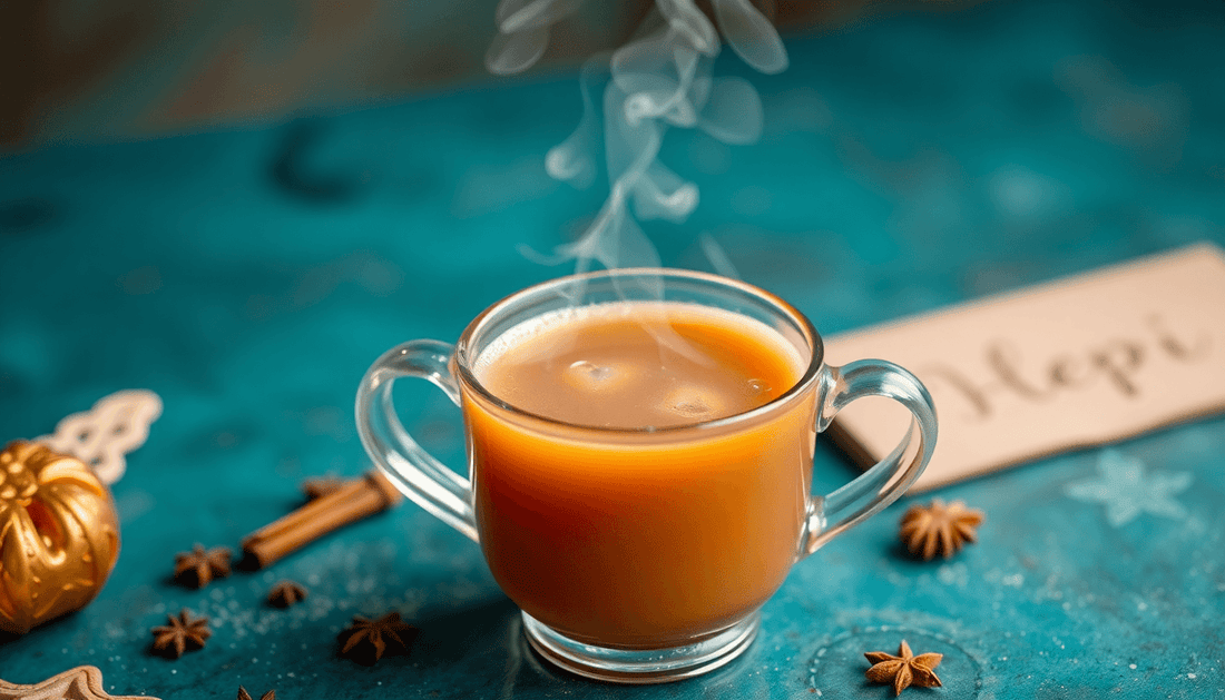 Steaming cup of masala chai with spices and Cherise Tapri sign