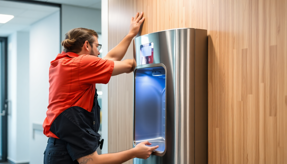Technician installing an 8 Option Vending Machine with stainless steel finish on wooden wall