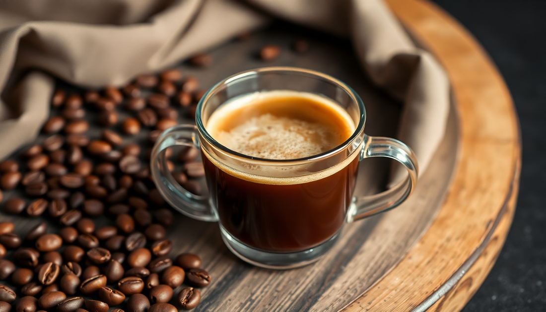 A cup of low sugar cold coffee with coffee beans