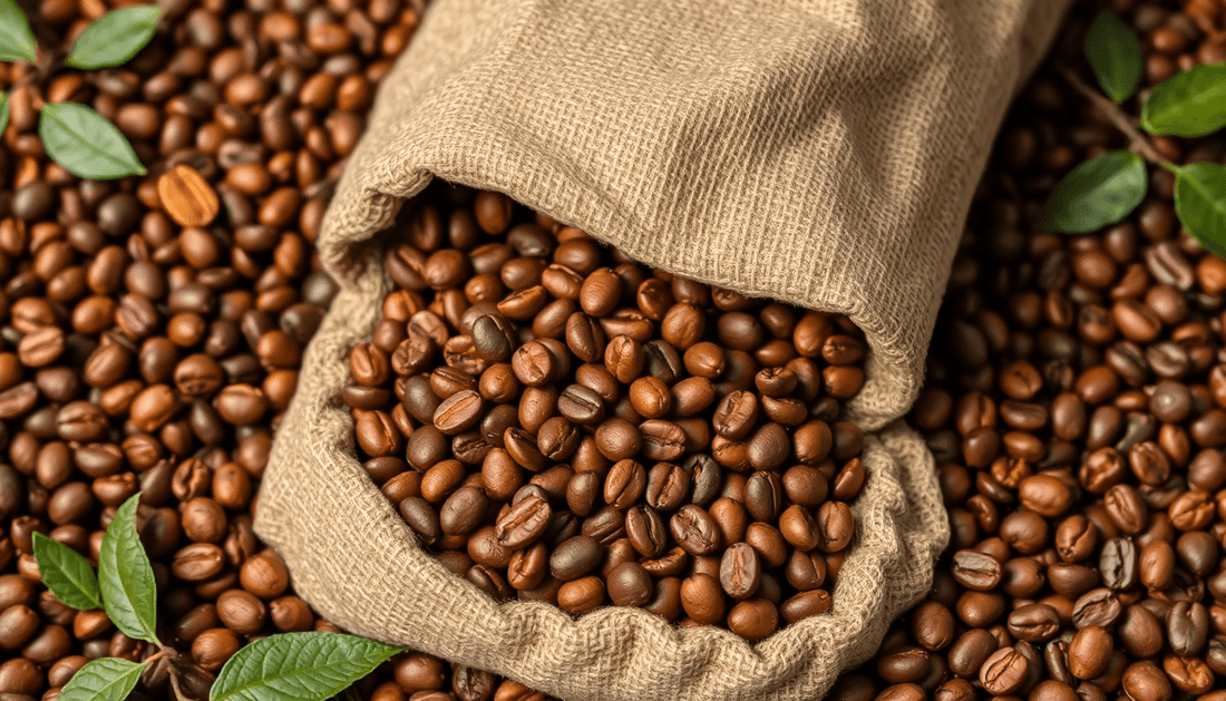 A sack of coffee premix with coffee beans around