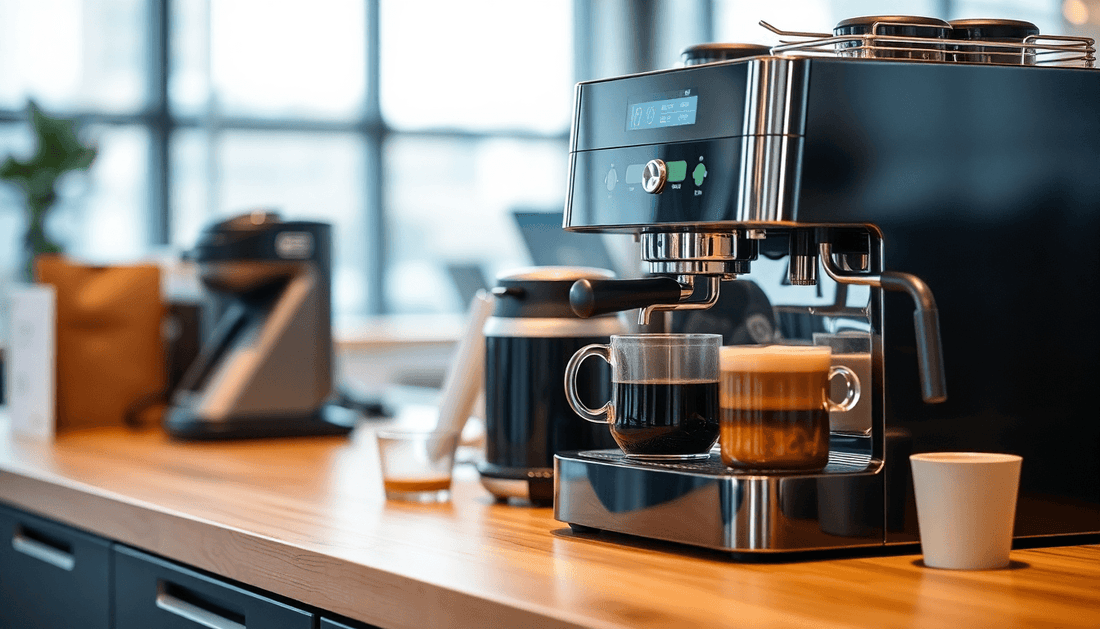 Modern office coffee machine brewing fresh coffee