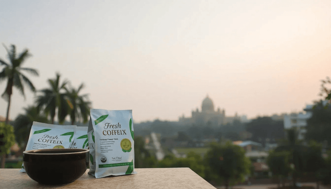 Fresh coffee premix packets with West Delhi backdrop