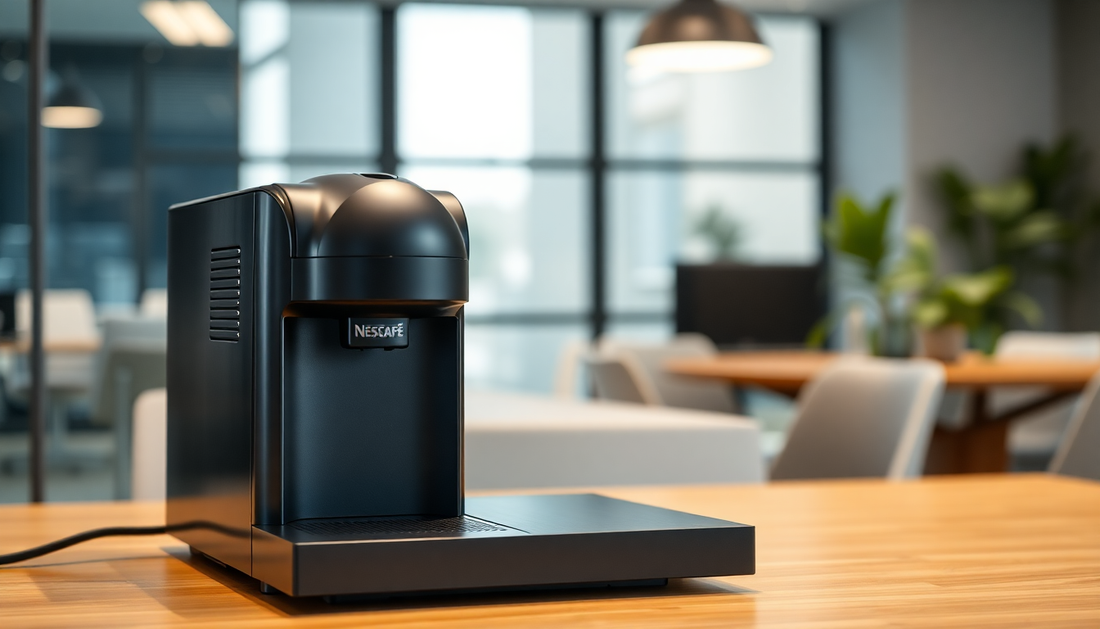 Modern Nescafe coffee machine on wooden table in stylish office by Nescafe Coffee Machine Supplier in Noida Sector 3