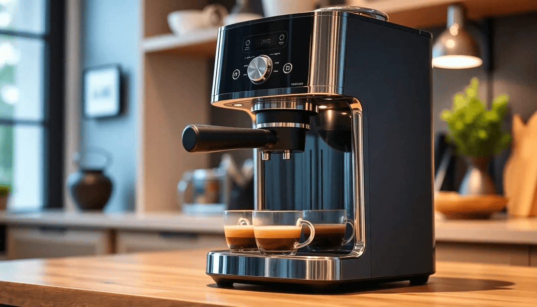 A sleek coffee machine brewing fresh coffee in a cozy kitchen