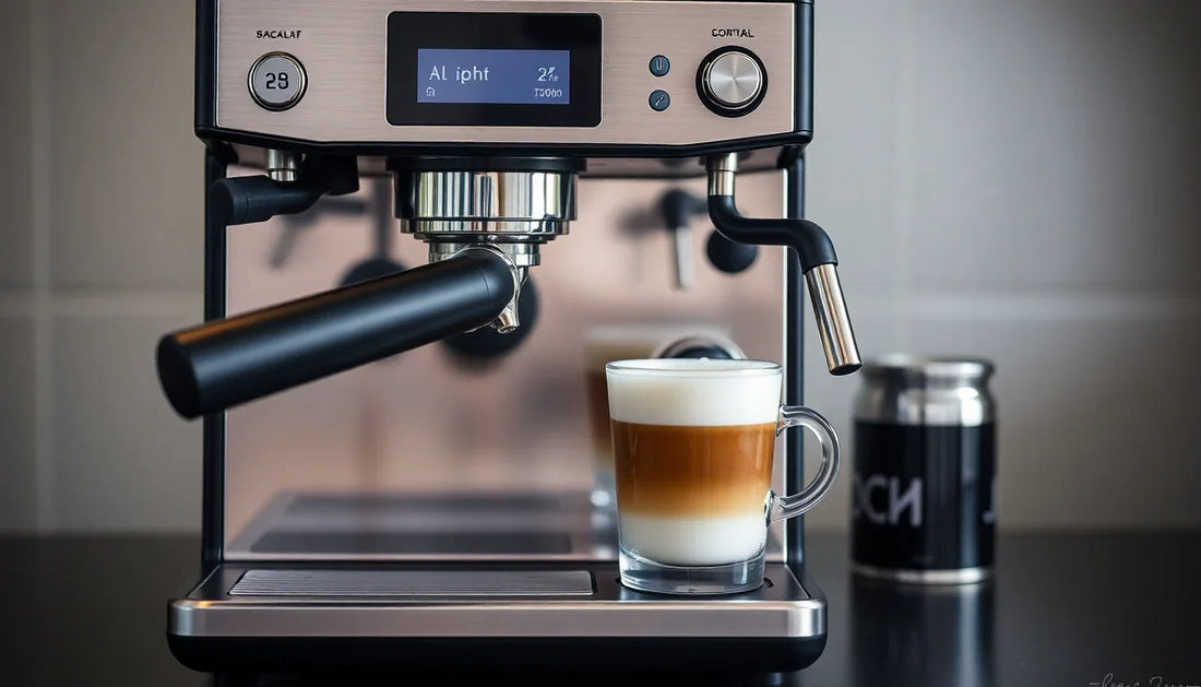 Close up of a Nescafe coffee vending machine making a layered latte with milk froth in a clear glass cup